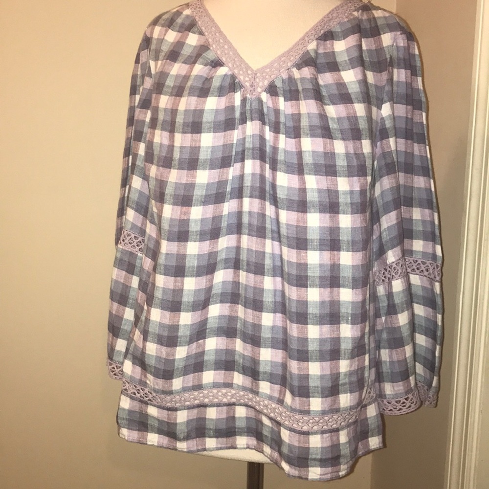 BNWT Chico’s Gingham 3/4 Sleeve Crochet Top sz 2